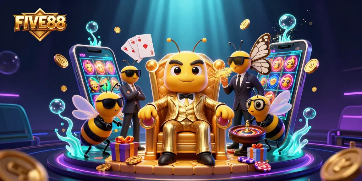 Watch the FIVE88 casino come alive with vibrant characters and exciting gambling elements in this dynamic scene.