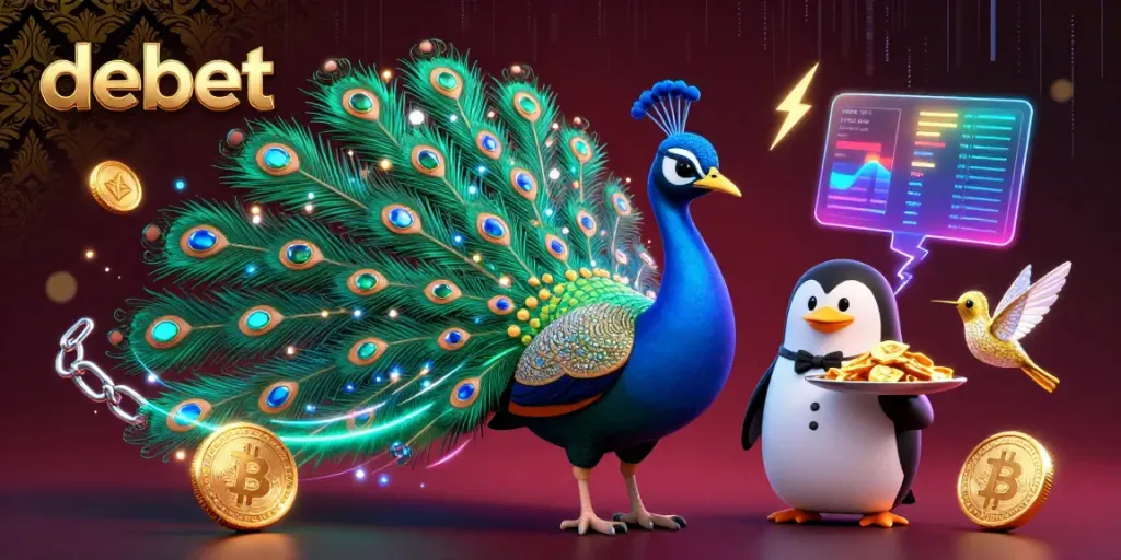 Experience debet with colorful casino elements featuring a peacock and penguin in a vibrant scene.