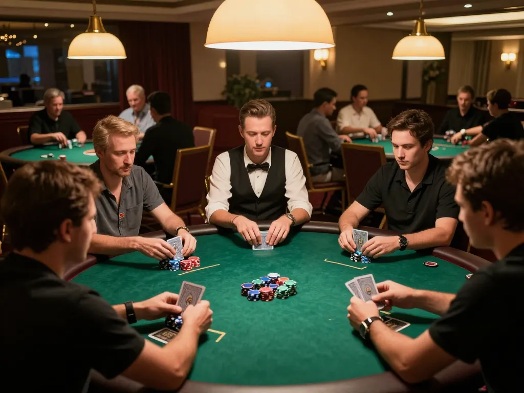Winning moment at gamebaidoithuong8 with players anticipating the next card in a lively poker game.