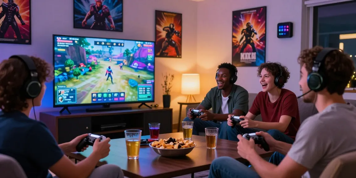 Group enjoying xxx games in a cozy gaming room with snacks and controllers.