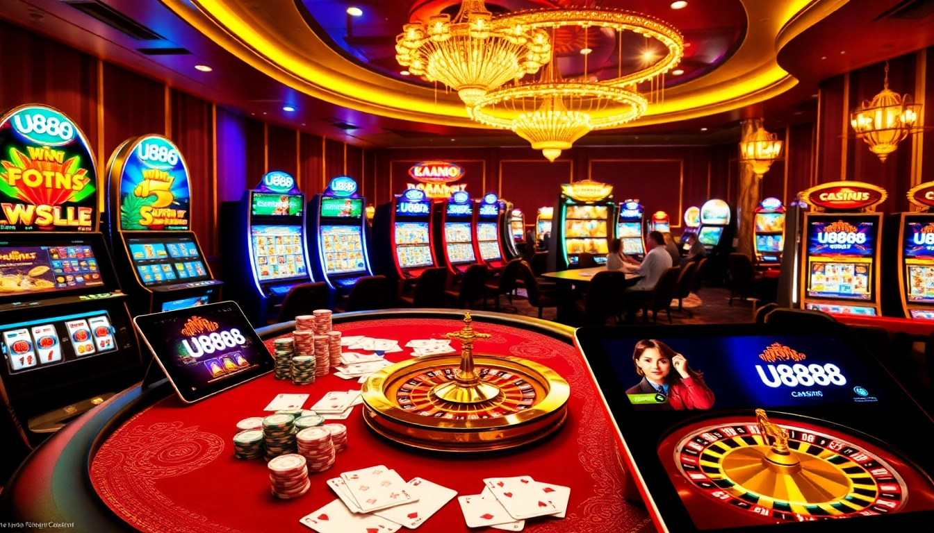 Experience the thrill of U888 online casino gameplay with vibrant poker tables and slot machines.