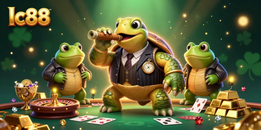 Experience exhilarating gambling action with lc88 in a vibrant casino scene featuring a stylish turtle mobster.