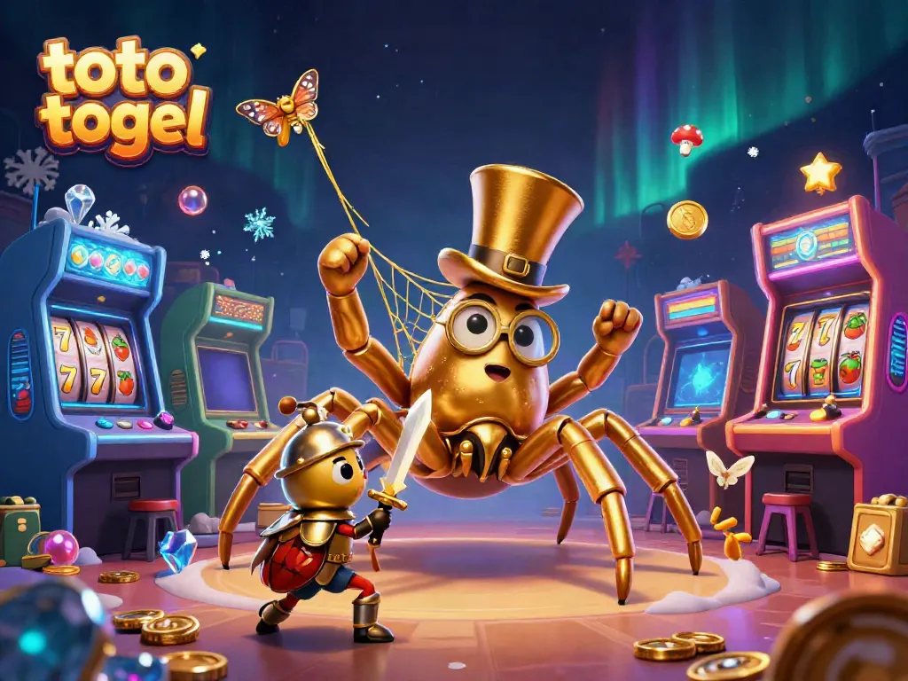 Experience the excitement of toto togel with a dynamic scene featuring a golden tarantula and arcade elements.