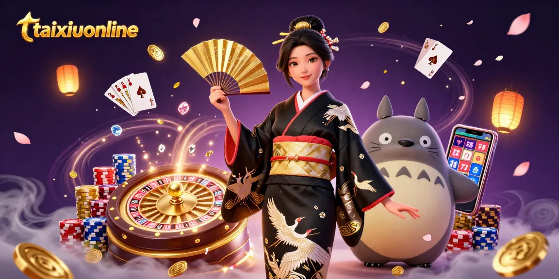 Experience thrilling gameplay at taixiuonline with an elegant Asian woman and a wise tanuki, surrounded by casino elements.