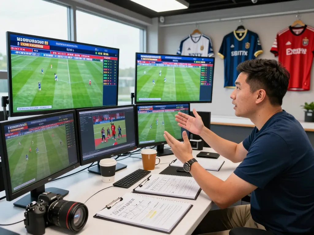 Live sports analysis featuring host discussing ผลบอลสด with dynamic visuals in a modern studio setting.