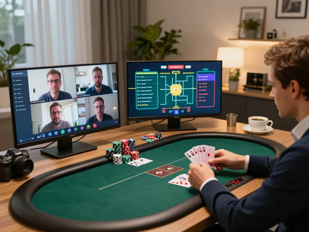 Experience fabet88z through intense online poker gameplay with players strategizing in a stylish home office.