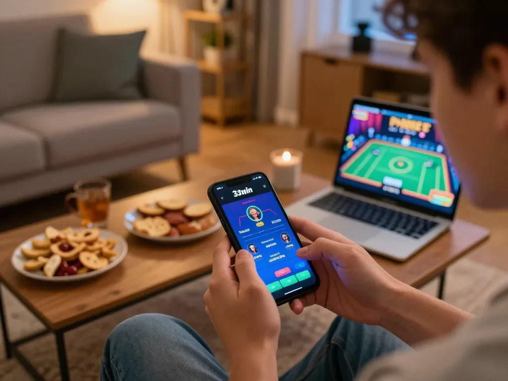 Engaging with the 33win mobile app during a cozy gaming session at home.