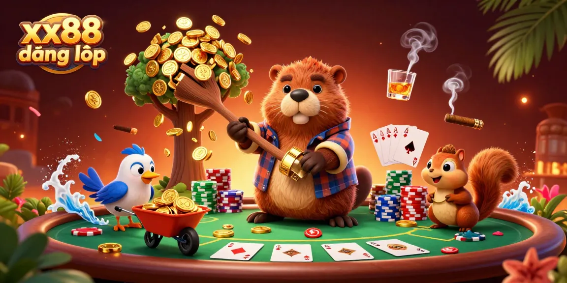 Engage in exciting games at xx88 đăng nhập where a cartoon beaver and friends enjoy poker action.
