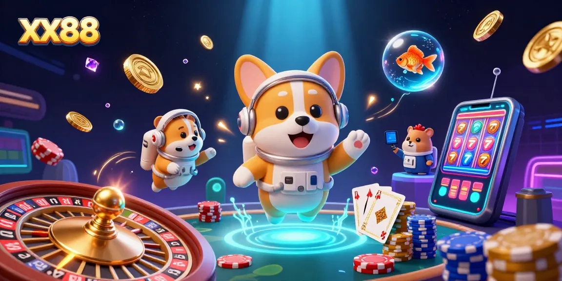xx88 casino scene featuring a floating astronaut corgi surrounded by poker chips, coins, and animated gameplay elements