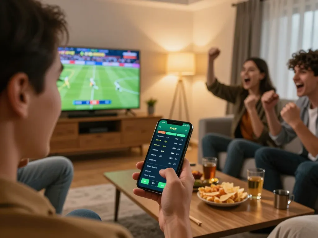 Engaged player using smartphone for 789win sports betting during an exciting game night.