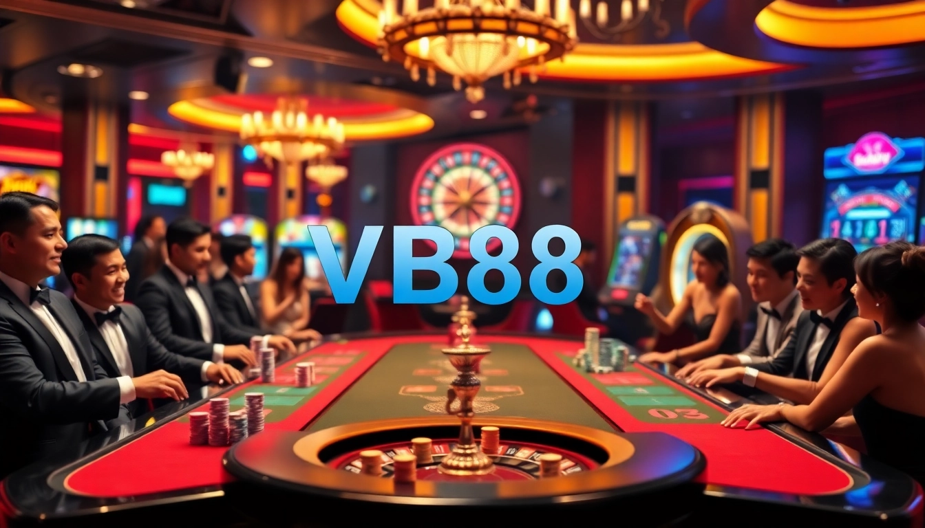 Engaged players at a luxurious casino celebrating winnings with VB88-themed elements.