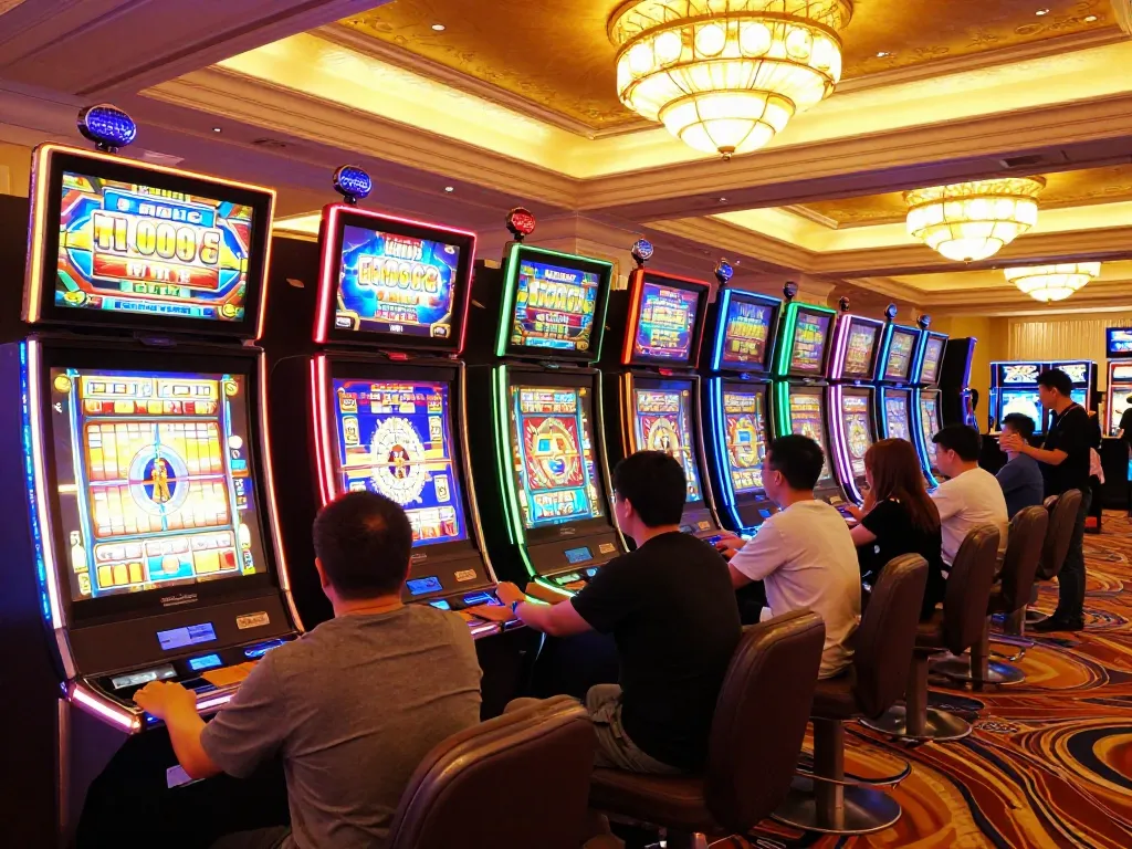 Players enjoying vibrant slot machines in a luxurious casino environment, celebrating wins and immersed in gameplay