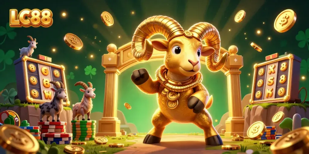 Experience thrilling gameplay with LC88's dynamic golden ram charging through jackpot reels in this vibrant casino scene.