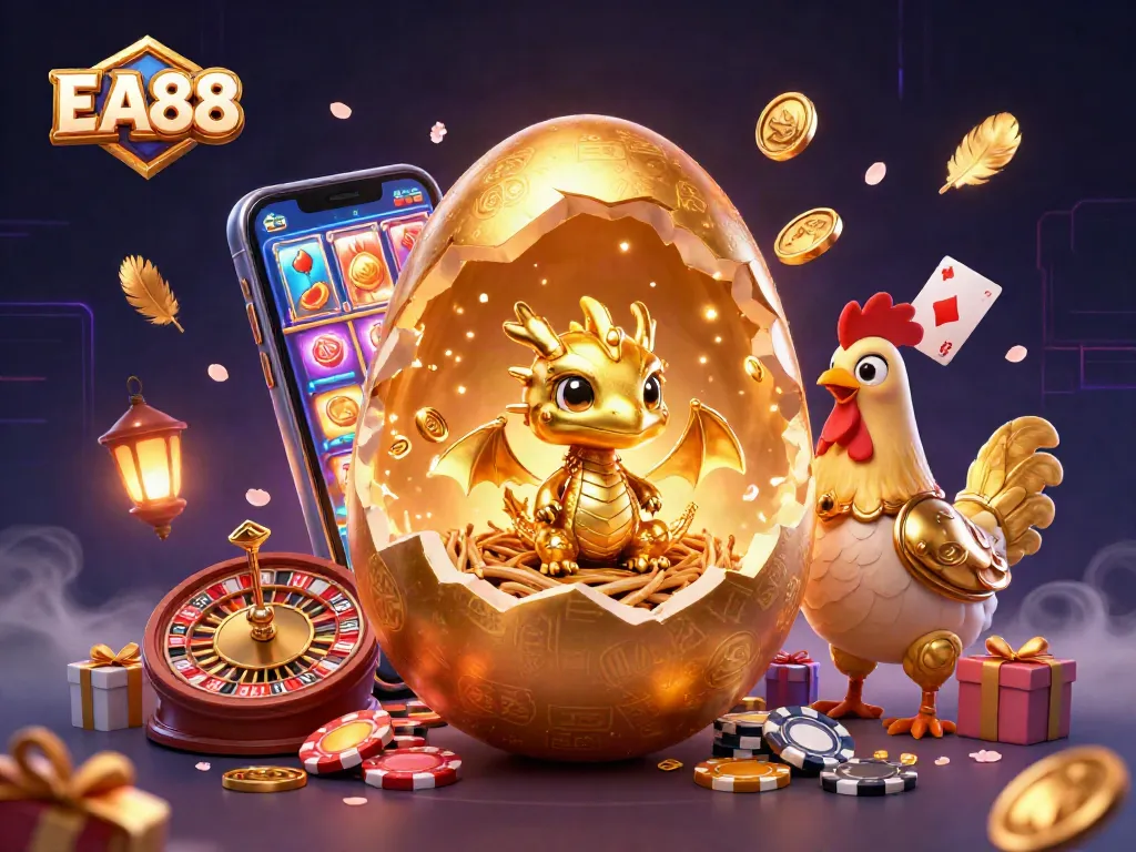 Experience the excitement of EA88 with a vibrant dragon rising from poker chips amidst dynamic casino games.