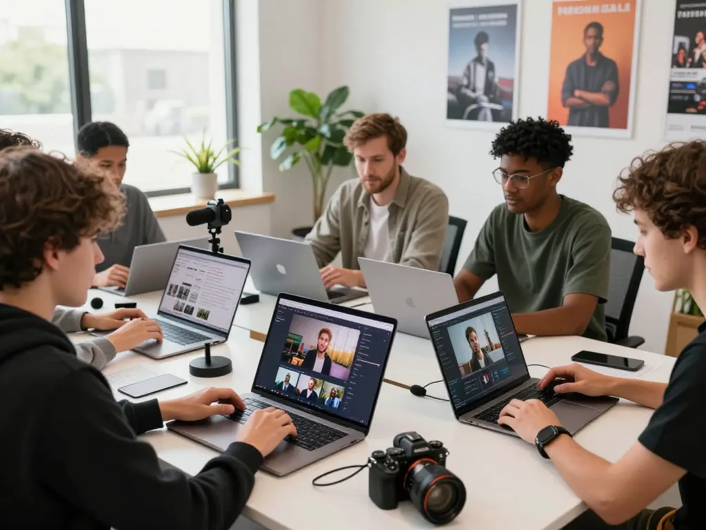Content creators in a modern studio utilizing Seedance AI for video production showcasing dynamic collaboration.