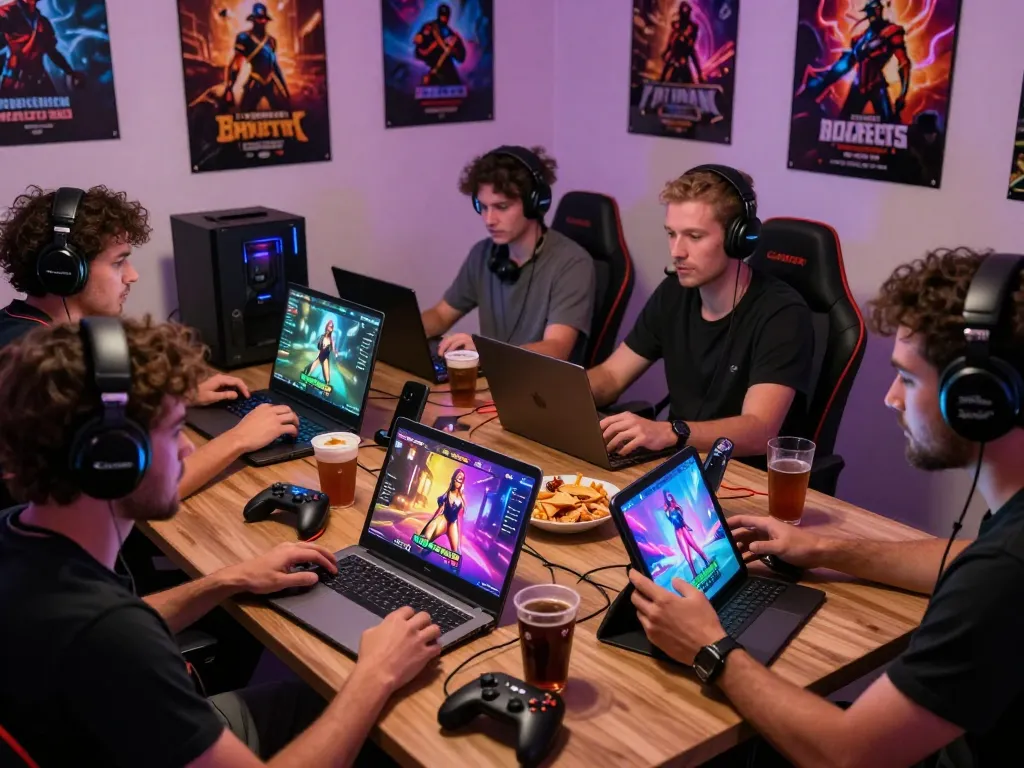 Engaged gamers enjoying porn games on various devices in a cozy room setting.