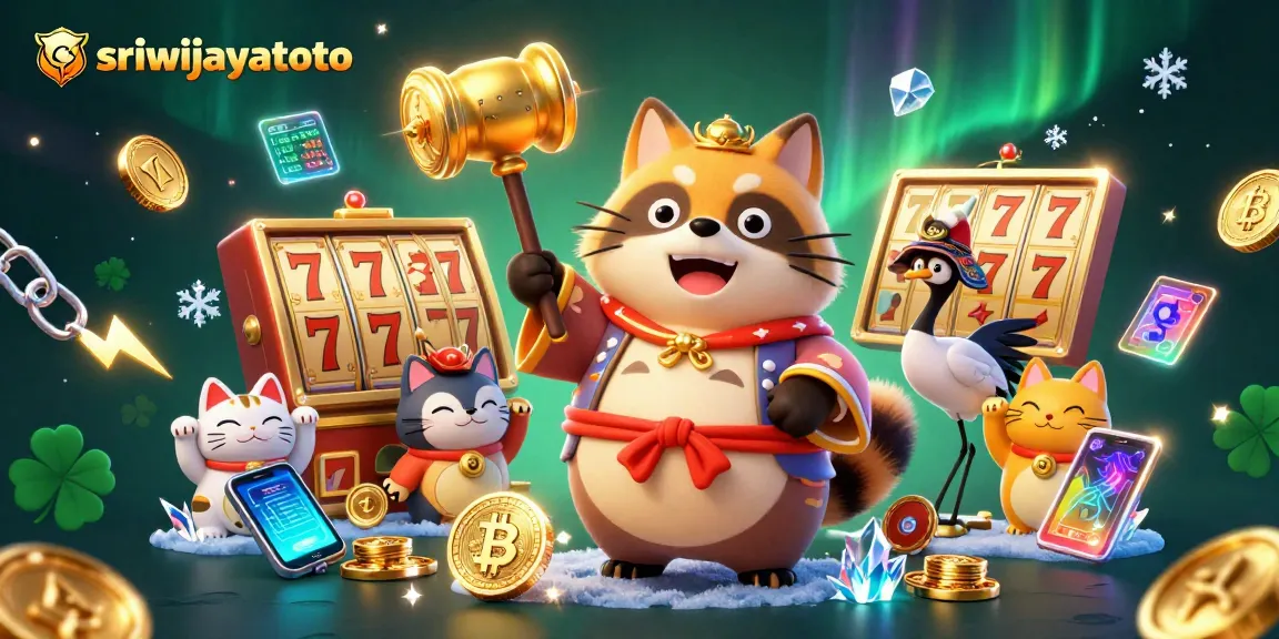 Sriwijayatoto brings luck with a cheerful tanuki and slot reels in a vibrant casino scene