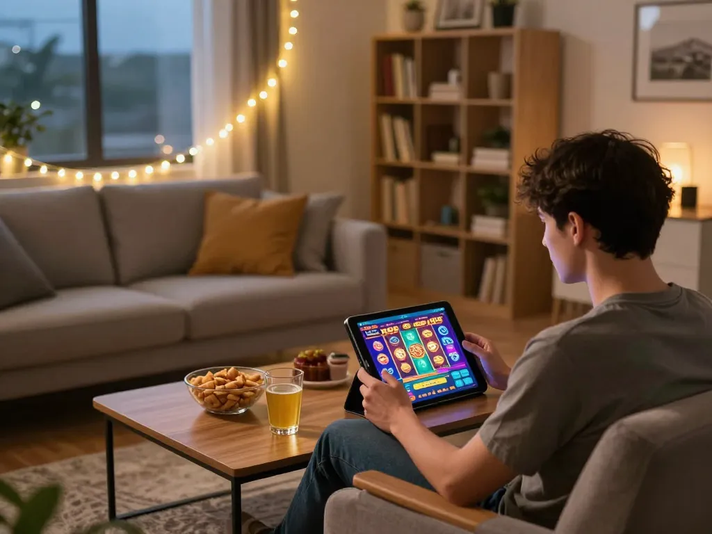 Engaging in strategic gameplay with slot88 on a tablet in a cozy home setting.