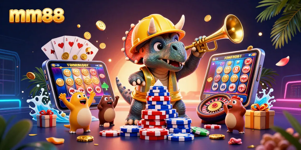 Engage with mm88 for exciting casino adventures featuring triceratops and poker chips in a lively scene.