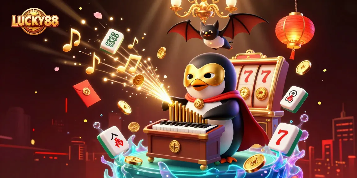 Engage with LUCKY88 as a phantom opera penguin plays a golden pipe organ while coins flutter in a vibrant casino world.