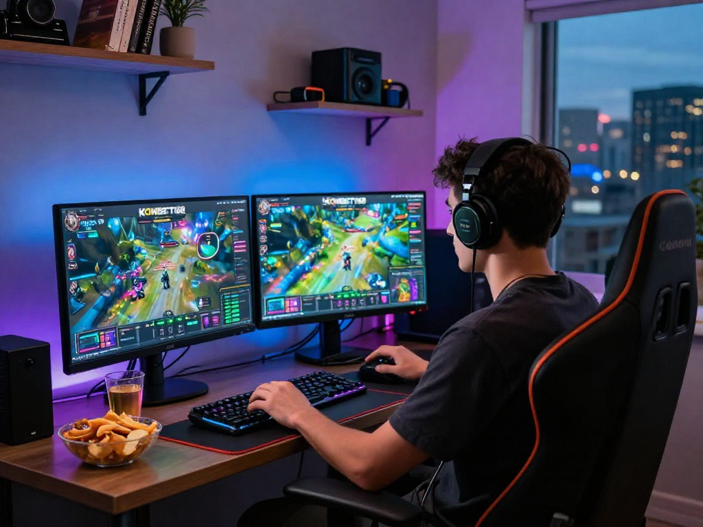 Engaged gamer enjoying KOMBET168 in a vibrant home setup with dual monitors and snacks.