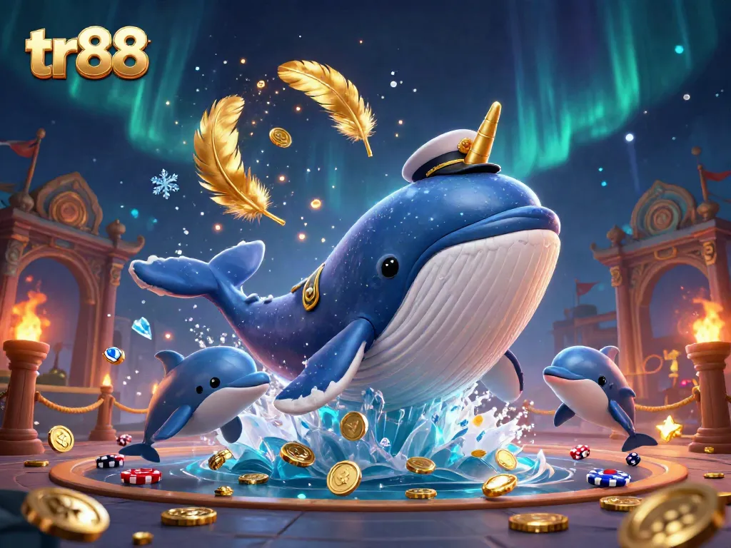Engage in thrilling gaming with the vibrant tr88 casino illustration featuring a whimsical whale and dolphins.