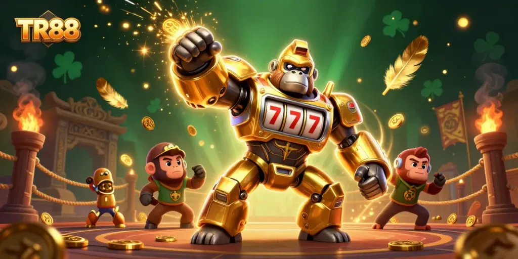 Engage with TR88's ultimate gaming fun: victorious golden gorilla mech in a vibrant casino scene