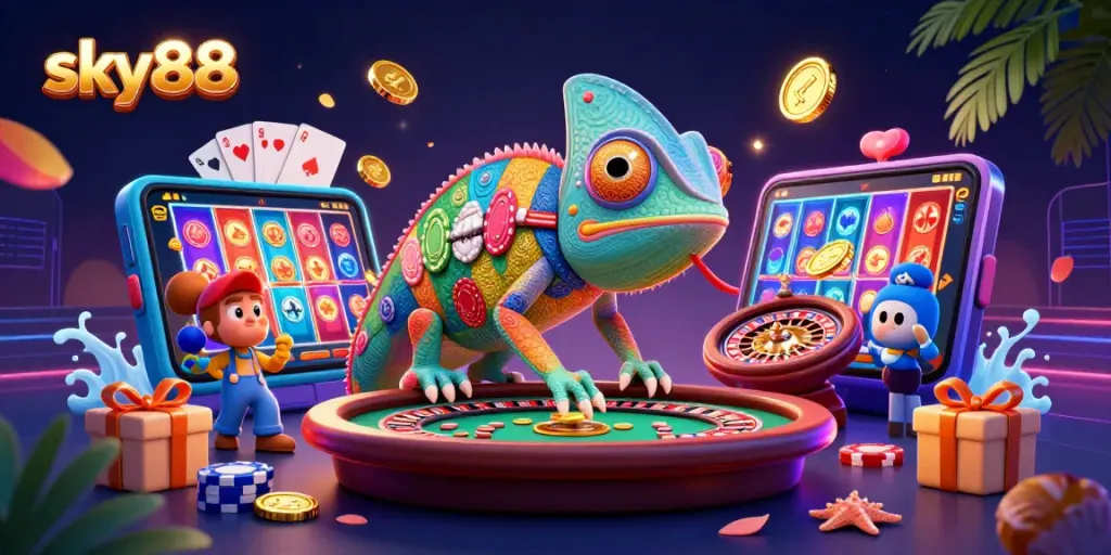 Exciting scene of sky88 with a vibrant chameleon casino owner surrounded by casino games and treasures.