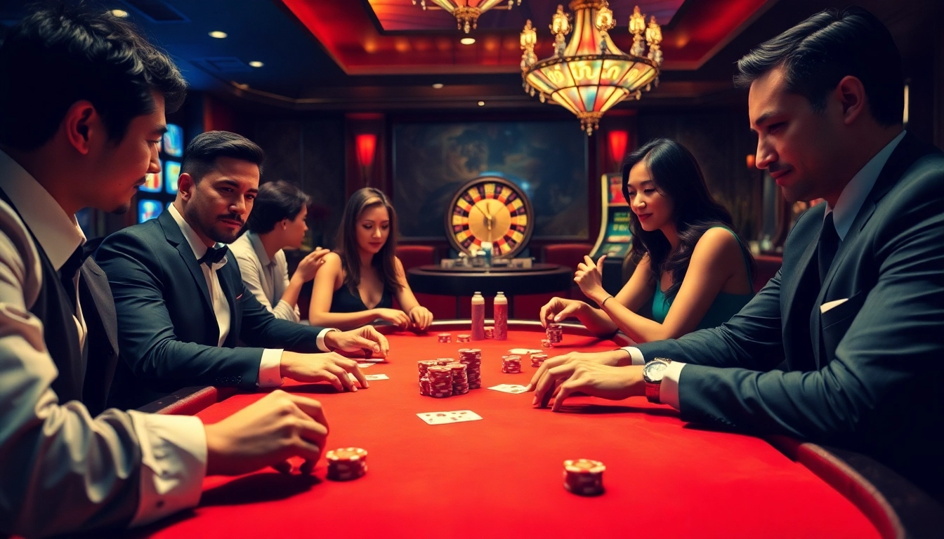 Players enjoy a thrilling poker game at nhà cái 888vnd, showcasing excitement and luxury.