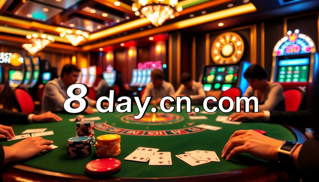 Engaging poker players at 8day.cn.com illuminated by vibrant casino lights and luxury decor.