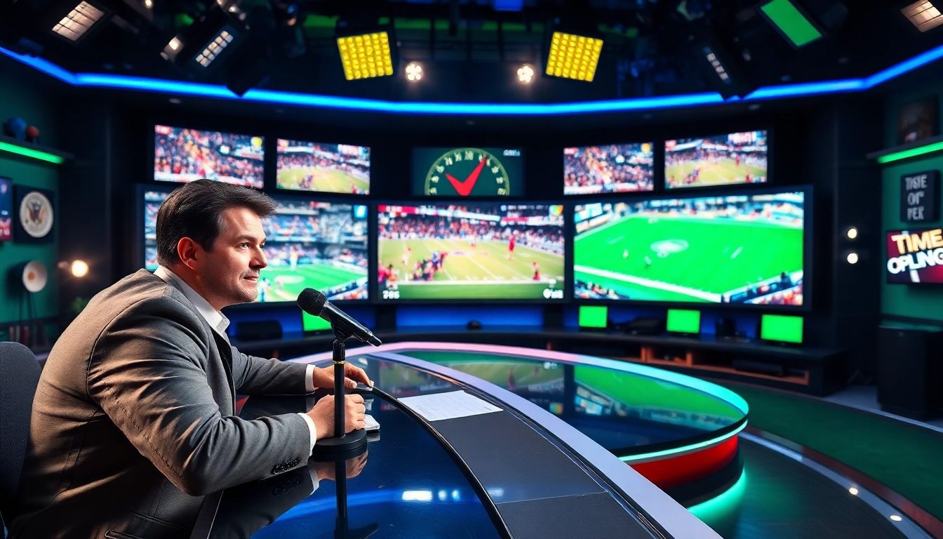 Engaging sports broadcasting setup with vibrant displays showcasing live events.