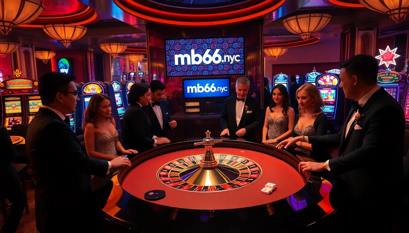 Engaging casino scene with roulette table and mb66.nyc prominently displayed