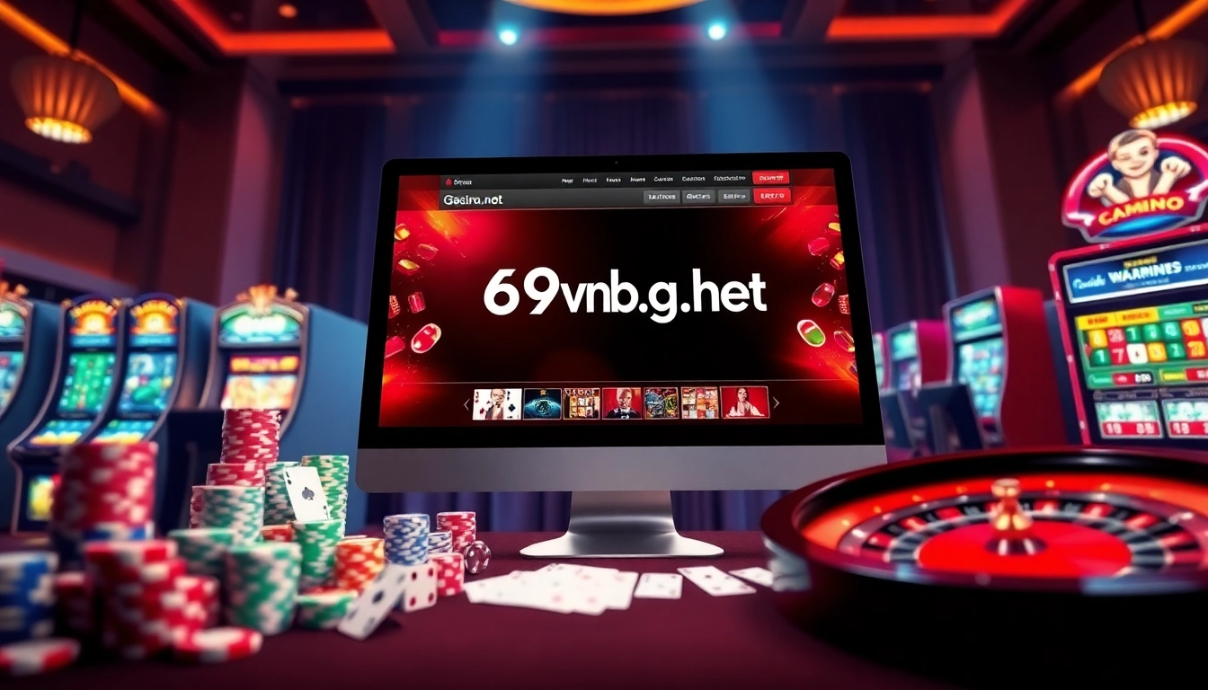 Experience the excitement of 69vn.gb.net with vibrant casino elements like poker chips and slot machines.