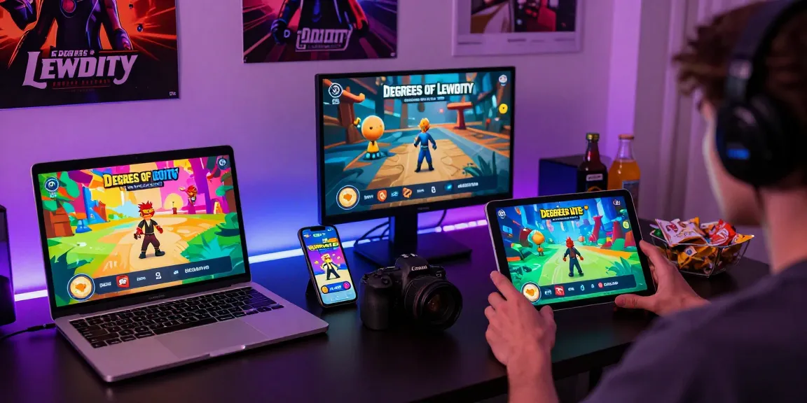 Engaging gaming scene showcasing Degrees of Lewdity on various devices in a cozy atmosphere