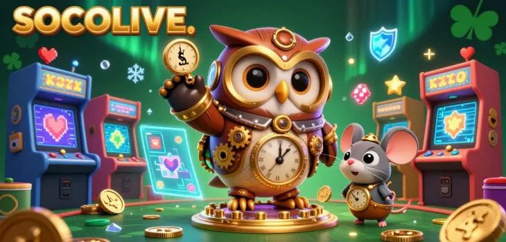 SOCOLIVE brings gaming excitement with a vibrant 3D owl and clockwork mouse in a lively casino scene.