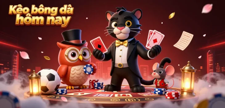 Kèo bóng đá hôm nay showcases a stylish panther dealing cards amidst vibrant sports betting elements, conveying excitement and strategy.