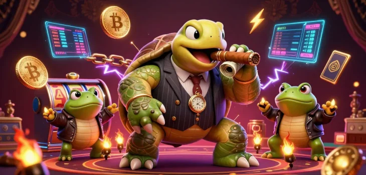 Spin the reels at UU88 with a massive turtle in a suit, flanked by bullfrogs, amid lively casino action.