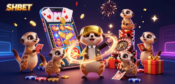 Experience the vibrant thrills of SHBET's online casino with meerkats managing an exciting game.
