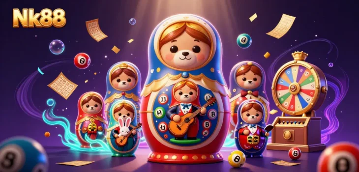 Nk88 brings thrilling excitement with a colorful casino-themed illustration featuring unique characters.