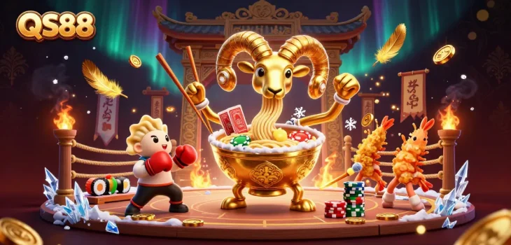 QS88-themed giant ramen bowl character dealing cards and chips in a vibrant casino atmosphere