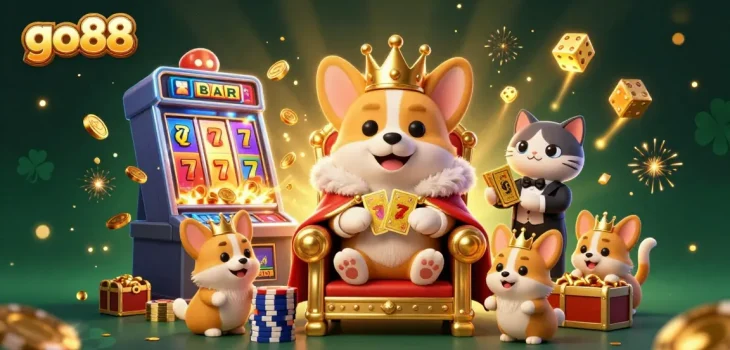 Play thrilling slots at go88 with a lavish 3D scene featuring a corgi king and jackpot excitement.
