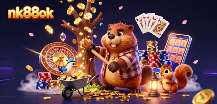 Catch exciting wins at nk88ok with cartoon characters in a vibrant casino scene