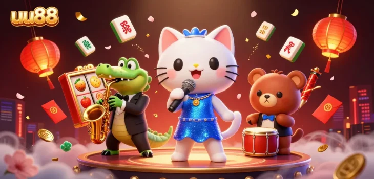 Experience the thrill of uu88 gaming with animated characters and casino elements in a vibrant illustration.