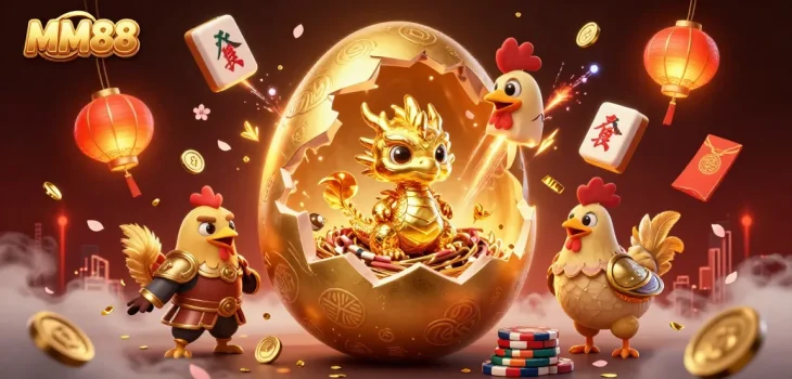 Win big with MM88 as a golden baby dragon guards poker chips and festive casino elements.