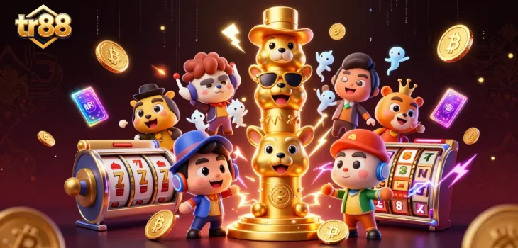 Engage with thrilling slots at tr88, featuring vibrant 3D totem characters amidst crypto coins.