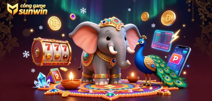 Engage with cổng game sunwin through vibrant visuals featuring an elephant and a peacock celebrating Diwali.