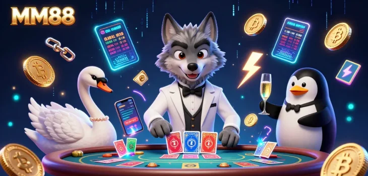 Experience the thrill of playing MM88 in a vibrant casino scene with a debonair wolf and elegant swan.